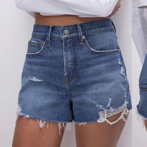 Good American 90s cutoff blue denim high waist shorts 00 24 distressed NWT